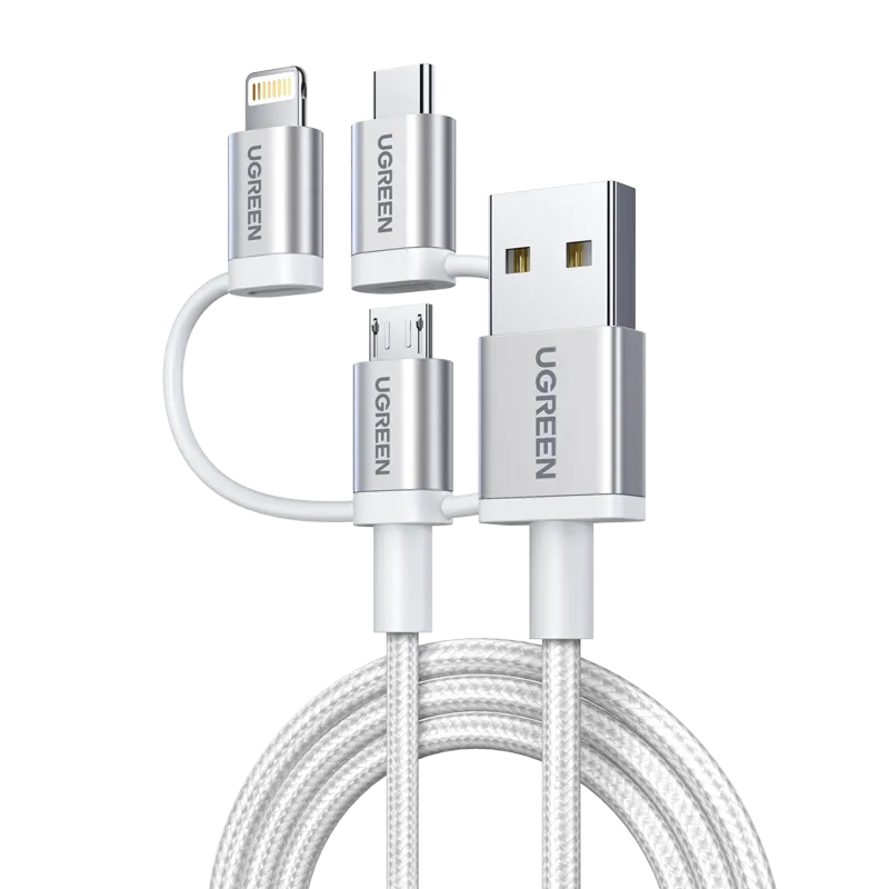 UGREEN 50203 3-in-1 USB2.0-A Multifunction Cable with Braid 1.5m (Silver White)